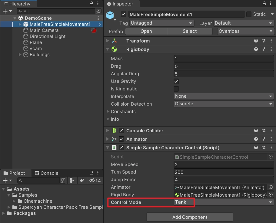 同樣，我們使用小男孩演示下鏡頭效果，注意主角身上的 SimpleSampleCharacterControl 組件的移動模式切換成 Tank 模式，
