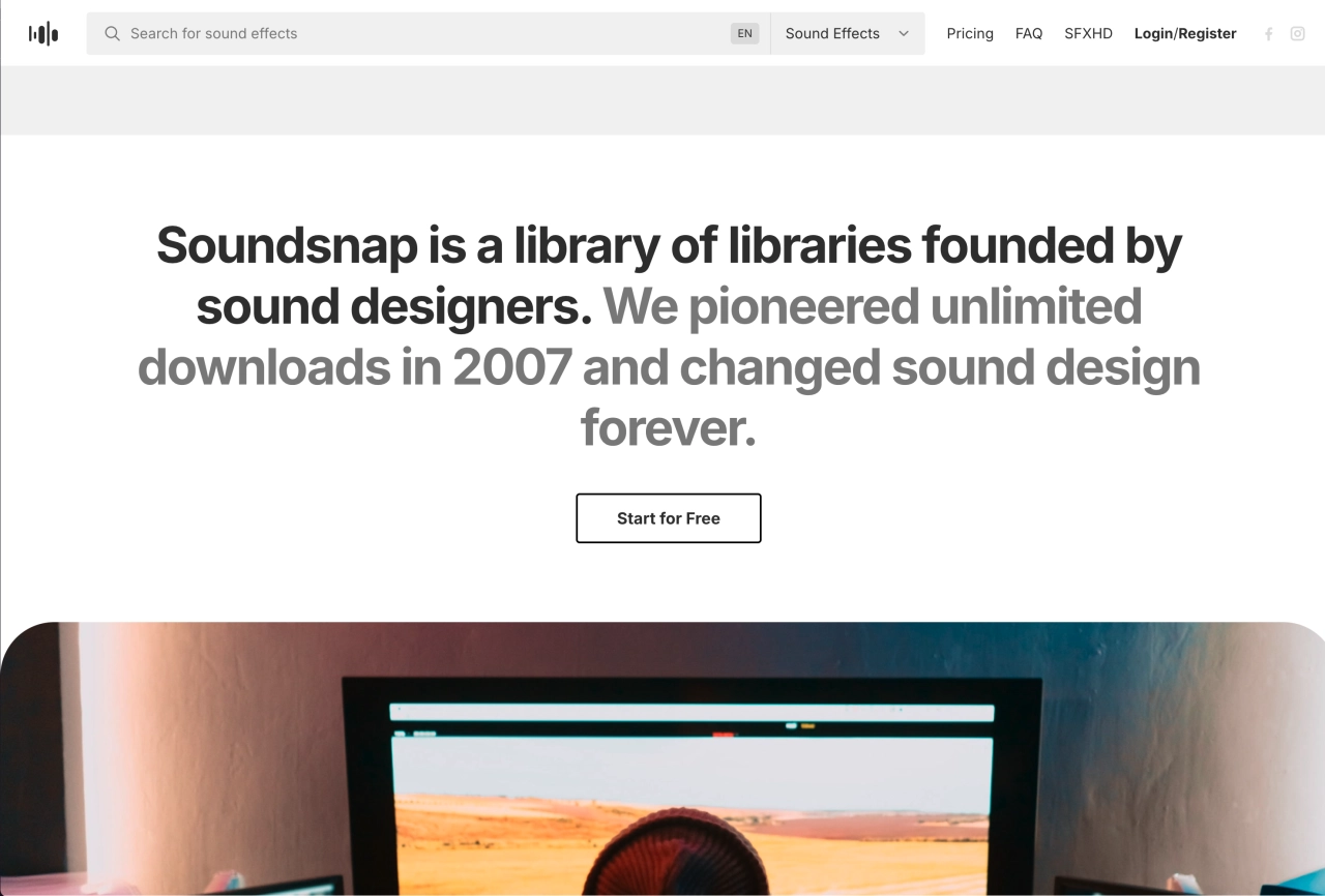 Soundsnap 是一個專業的收費音效平台，針對高品質需求設計，涵蓋電影、廣告、遊戲等多個行業的專業素材。