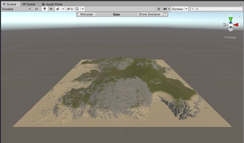 Gaia 將使用先前顯示的預覽形狀，將其創建為完整的 Unity 地形，並從所選生物群落中產生紋理。
