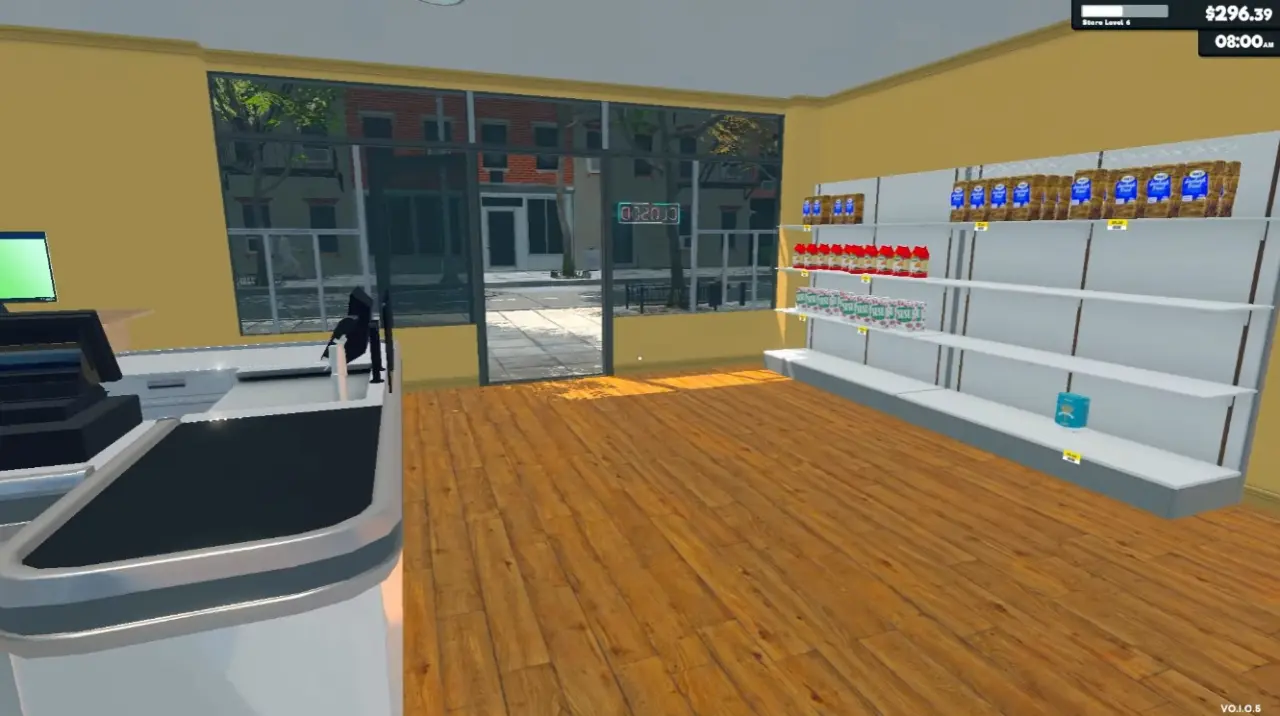 《Supermarket Simulator》一開始我們的店面不大，陳設也很陽春，得慢慢累積足夠資本以擴充各項物品，才能做大生意