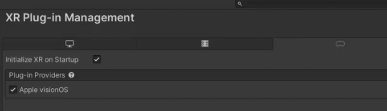XR Plug-in Management 面板，針對 Apple visionOS 的配置設定。
