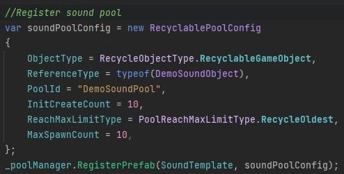 此示範展示如何透過 [RecyclableGOPoolKit] 和 [DemoSoundObject] 實現簡單的音效池。