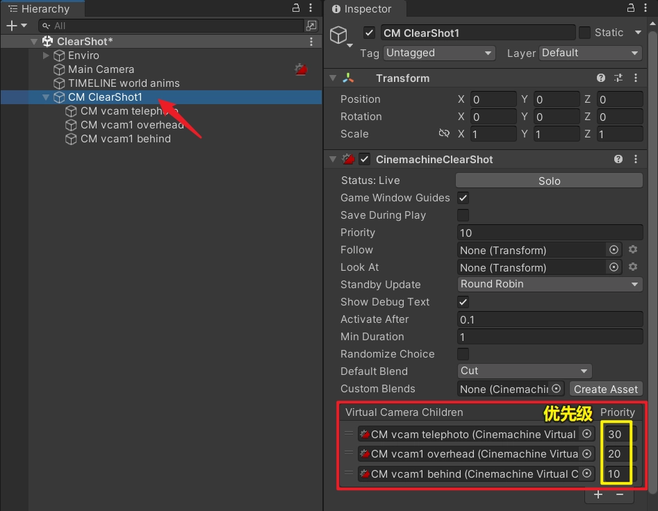 我們只需要在子節點中新增虛擬相機，就會自動在下面的清單中顯示出來，我們設定 Priority 優先權參數即可。