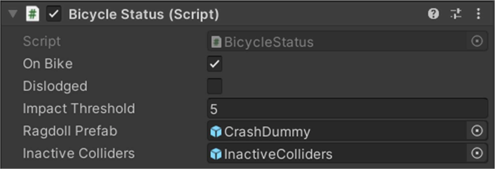 相關的碰撞設定和預製體實例化程式碼位於 Bicycle Status Script 中。