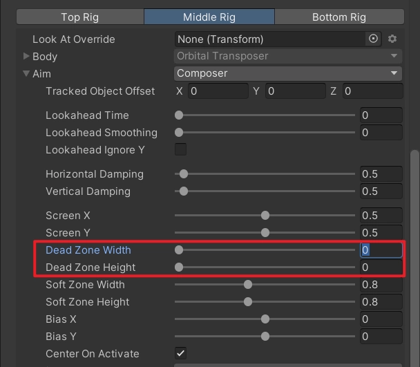我們可以把 Dead Zone 區域調至 0，這樣主角只要發生移動，就會觸發相機的旋轉。