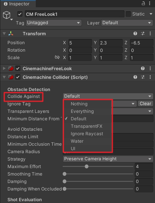虛擬相機的碰撞是透過射線偵測來實現的，射線偵測的時候可以傳一個 LayerMask 參數過濾要偵測的層，這裡 Collide Against 參數就是設定被認為障礙物的 Layer，只有被勾選的 Layer 才會參與射線碰撞偵測。