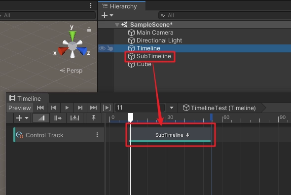 在後在原來的 Timeline（主 Timeline）中創建 Control Track 軌道，並把 SubTimeline（子 Timeline）拖動到軌道中，這樣，就實現了 Timeline 嵌套。
