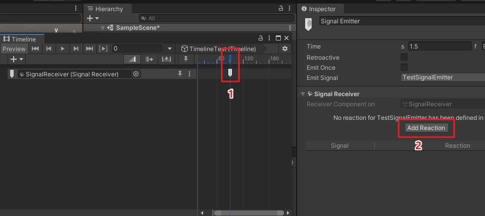 點擊軌道上的信號發射器，在 Inspector 視圖中會顯示信號訊息，Add Reaction 按鈕，添加信號的響應函數。