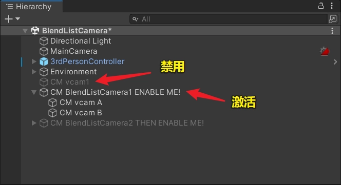 我們把預設的虛擬相機停用，把第一台 CinemachineBlendListCamera 激活，可以看到它底下有兩台虛擬相機。