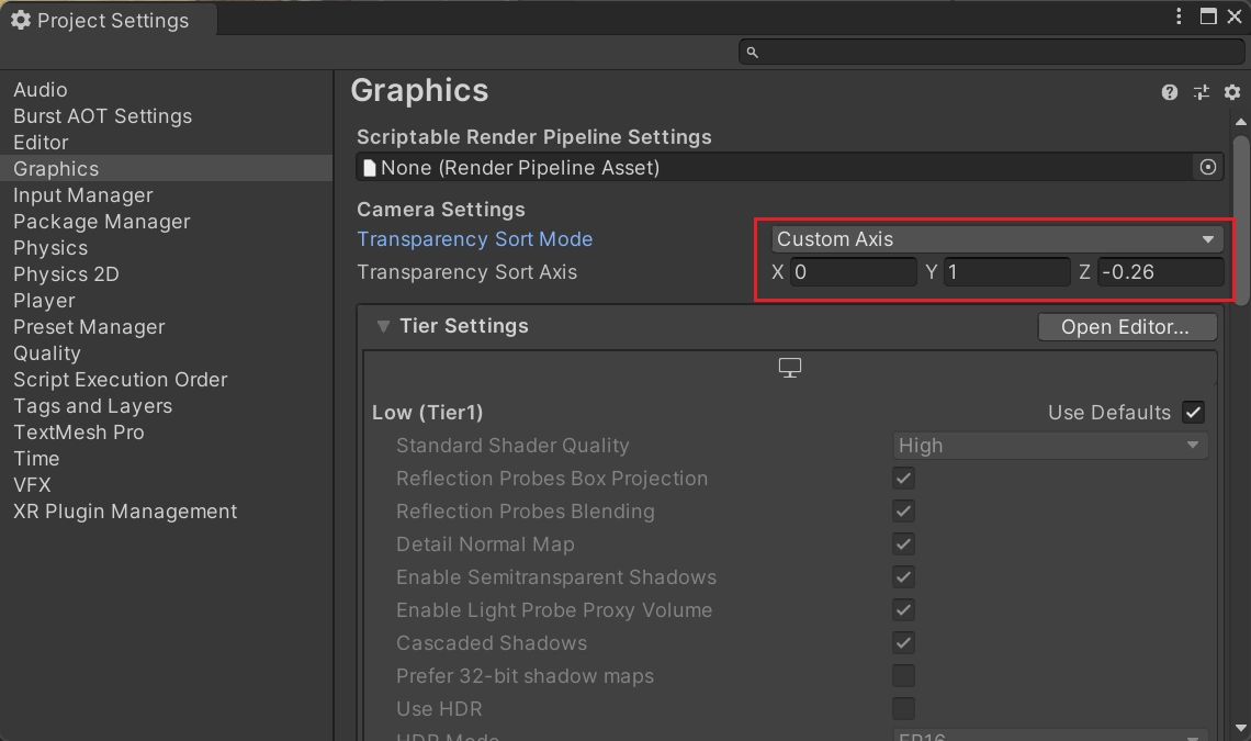 因為 Unity 內部設定的原因，我們需要修改 Edit  --> Project Setting  --> Graphics  --> Camera Settings 中的 Transparency Sort Mode 為 Custom Axis，並將 X、Y、Z 設定為 0、1、-0.26。同時，將該 Tilemap 的 Tilemap Renderer 的模式切換為 individual，此時渲染情況將會變得正常。