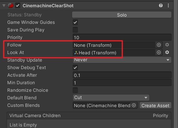 另外，CinemachineClearShot 本身也有 Follow 和 LookAt 參數，如果子節點的虛擬相機沒有設定 Follow 和 LookAt，則會以 CinemachineClearShot 的為準，否則以子節點虛擬相機的 Follow 和 LookAt 為準。