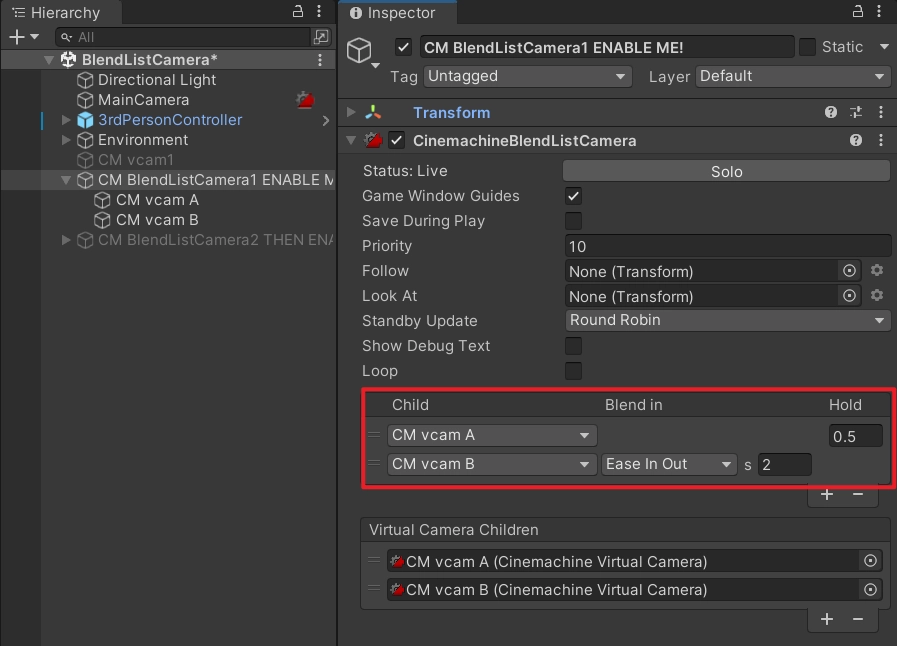 CinemachineBlendListCamera 所做的事情就是按照我們設定的順序進行虛擬相機的過渡，注意，這裡會按照我們排的順序進行過渡，而不會進行像 ClearShot 那樣進行畫面品質評估，下面這個設定的意思就是先在 CM vcam A 虛擬相機狀態停留 0.5 秒，然後用2秒過渡到 CM vcam B，過渡的緩動曲線使用 Ease In Out。