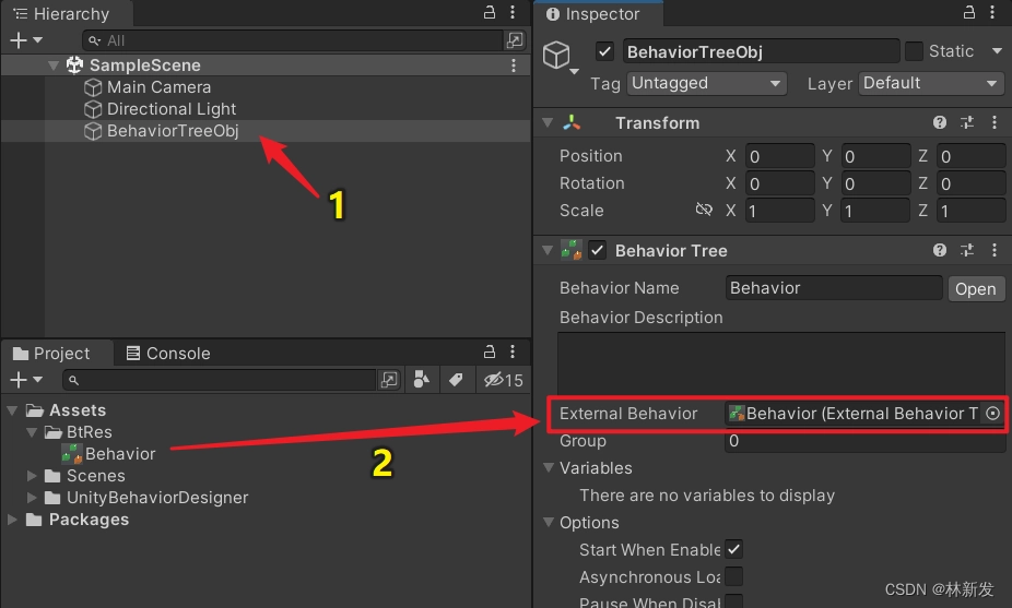 我們把上面導出的行為樹資源賦值給 BehaviorTree 元件的 External Behavior 成員，如下。