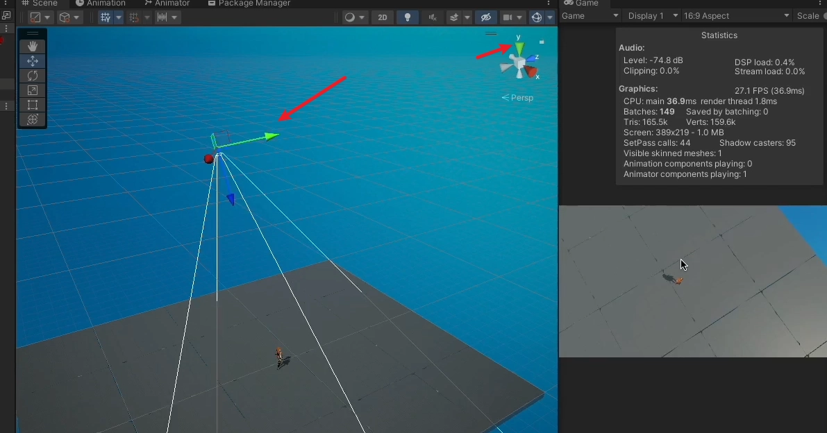 這張圖展示了 Unity 開發環境中的 Scene 視窗，畫面中的物件應該是攝影機，綠、紅、藍三個箭頭分別代表 X、Y、Z 軸的方向。從攝影機向外延伸的白色線條標示出攝影機的視角範圍，確認拍攝區域的範圍與方向。此外，右上角的坐標軸指示了目前的視角位置，幫助開發者調整場景中的物件與視角。這是遊戲或應用開發中用於設置與預覽場景的重要工具畫面。