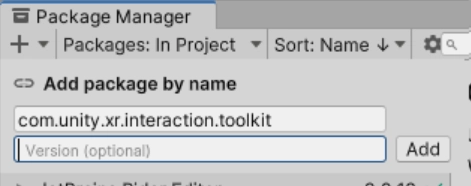 Unity Package Manager 中，通過輸入名稱 com.unity.xr.interaction.toolkit 添加 XR Interaction Toolkit 套件。