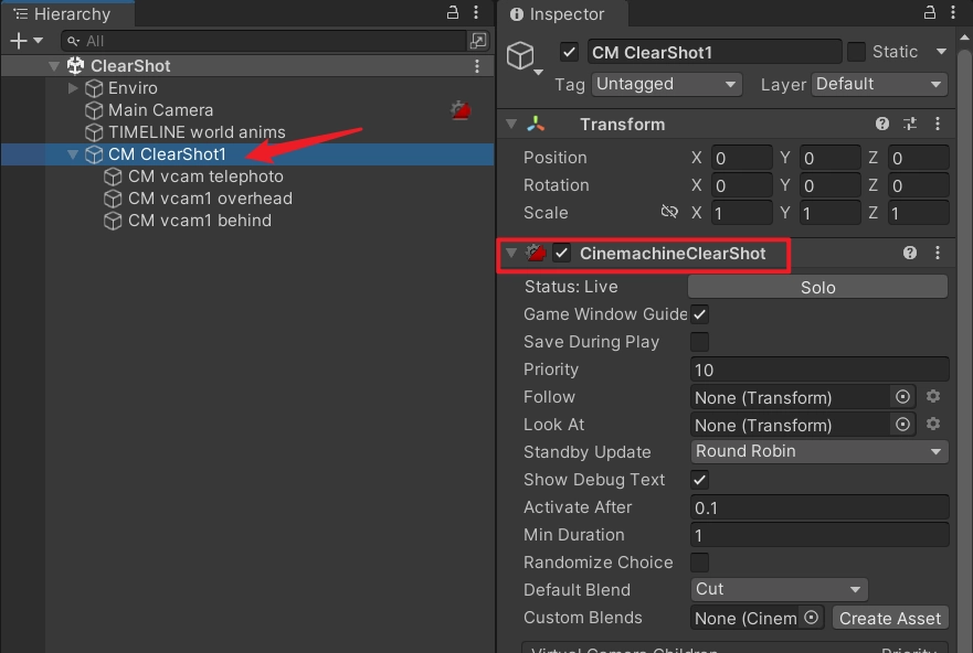 虛擬相機父節點是一個 CinemachineClearShot，下文會介紹這個元件的參數。