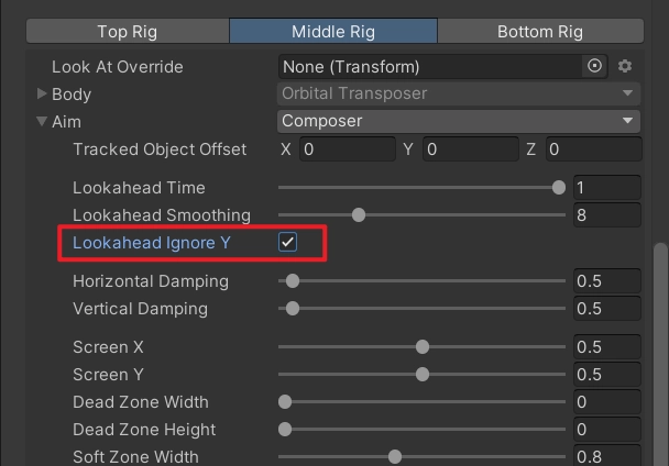 Lookahead Ignore Y 就是忽略 Y 軸方向上的預測，例如跳躍動作，我們不想讓相機做 Y 軸上的預測，就可以勾選它。