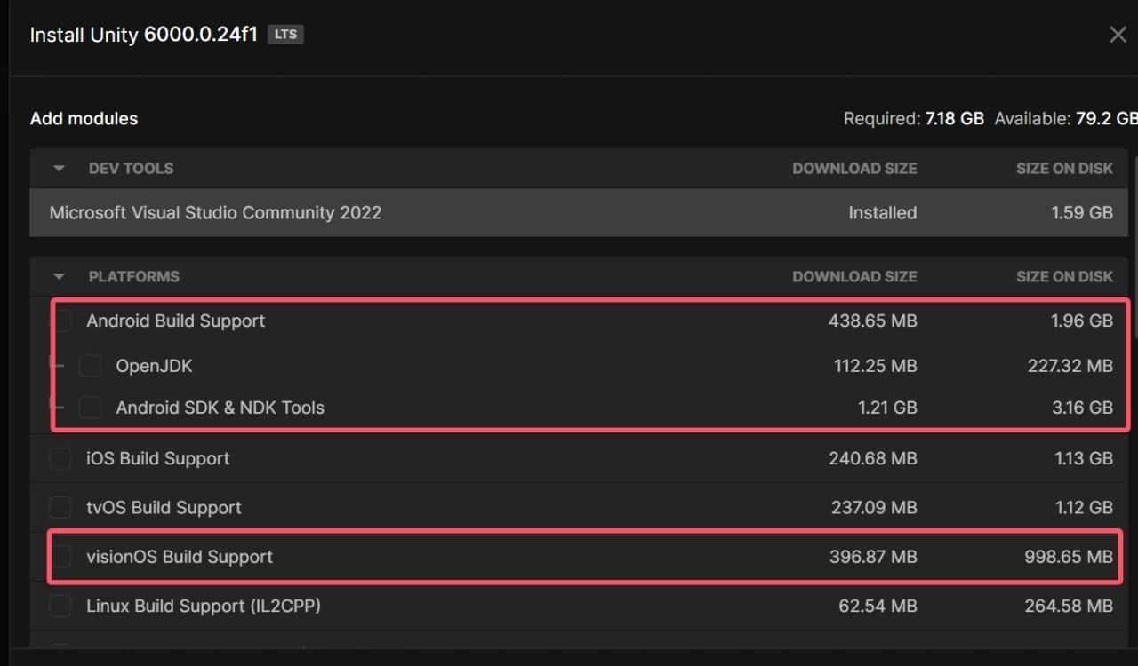 Unity Hub 模組安裝界面，紅框標示 Android 和 visionOS 支援模組，顯示下載大小及磁碟需求。