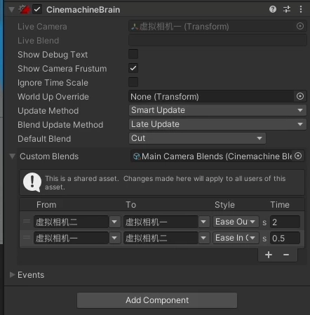  Unity 中 CinemachineBrain 組件的設定介面，用於管理虛擬攝影機之間的切換和過渡效果。