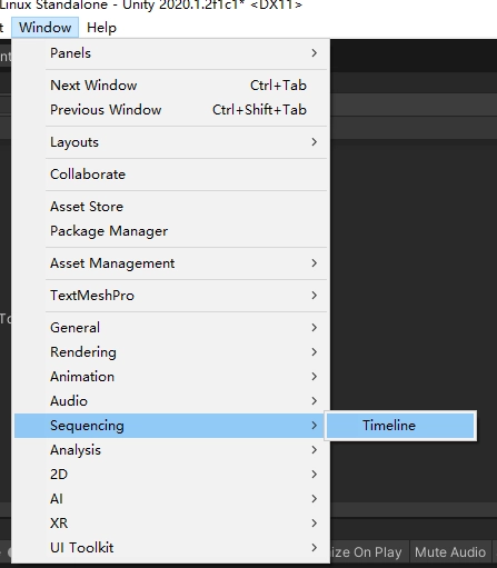 點擊 Unity 選單 Window - Sequencing - Timeline。