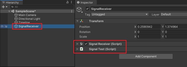 建立一個 C# 腳本 SignalTest.cs，掛到上面的物體上（會自動綁定掛上 SignalReceiver 元件），用於回應訊號。