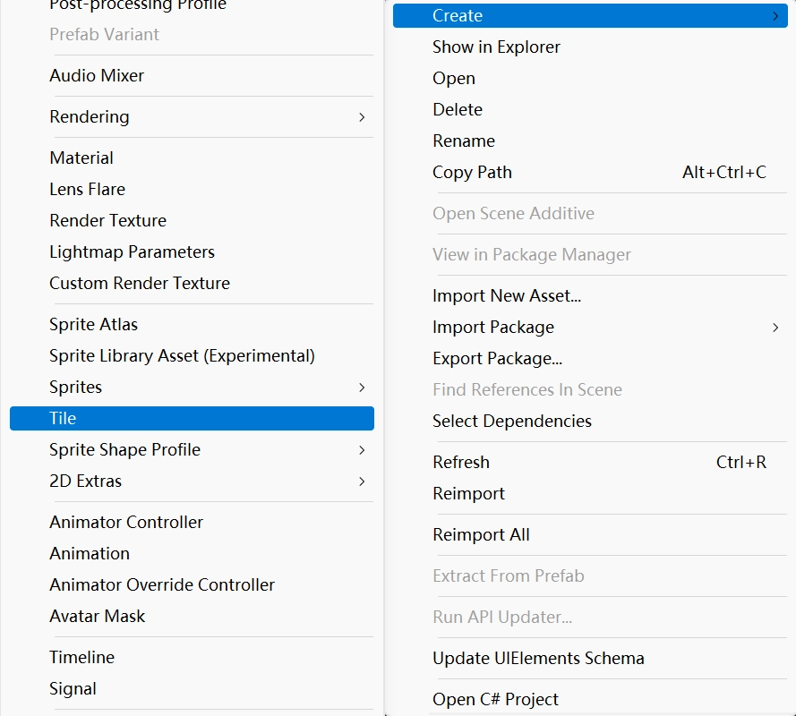在 Assets -->  Create  --> Tile 中創建，或在 Project 視窗中按一下右鍵 --> Create  --> Tile。