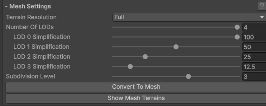 此面板的設定用於將 Unity 的原生 Terrain 物件轉換為高效能的 Mesh。