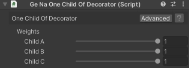 此裝飾器(Decorator)將導致 GeNa 根據提供的比率隨機選擇並僅產生一個子物件或預製體(Prefab)，而忽略其餘部分。