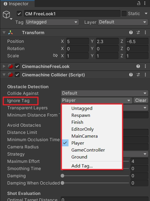 如果我們想要剔除掉某個Tag的物體，不對特定 Tag 的物體進行碰撞偵測，可以設定 Ignore Tag 參數，這裡設定的是 Player，也就是不與主角做碰撞偵測（也就是說攝影機有可能從主角身上穿過）