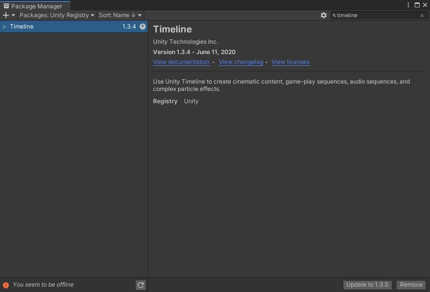 打開 Package Manager，安裝 TimeLine，Unity 2020 預設是安裝了 TimeLine 的，可以透過 Package Manager 進行更新。