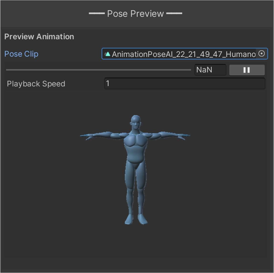 Animation Preview Window  顯示選定的動畫片段，讓您可以視覺評估所產生的動畫。此功能使用 Models 資料夾中名為 RagdollAnimationPreview.fbx 的預製體，並改變其姿態以在編輯器中顯示。