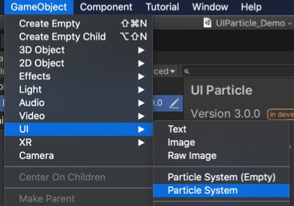 1.選擇此選項 Game Object/UI/ParticleSystem 可建立具有 ParticleSystem 的 UIParticle。