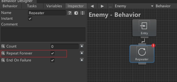 並在敵人身上建立行為樹，空格，新增 Repeater 節點，並勾選永遠循環。