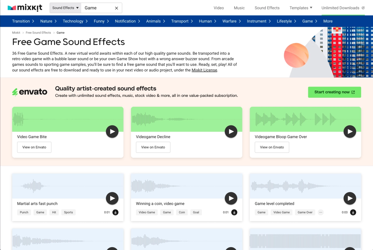 Mixkit 提供完全免費、可商業使用的音效素材，網站設計簡潔，使用者能快速瀏覽和下載遊戲專用的音效。