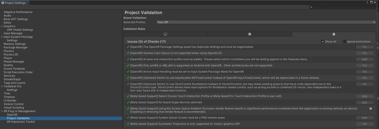 Unity 的 Project Validation 設定界面，用於檢查專案的配置問題，例如 OpenXR 的互動配置、設備支援及渲染需求，提供修正選項確保專案正確運行。