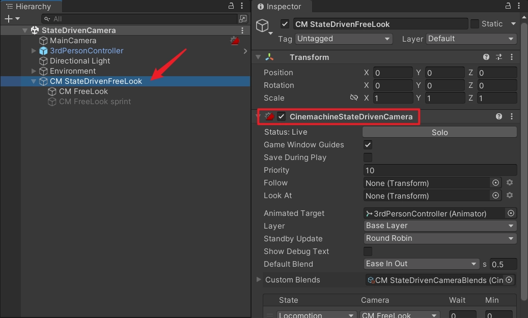 在父節點上掛起 CinemachineStateDrivenCamera 元件。