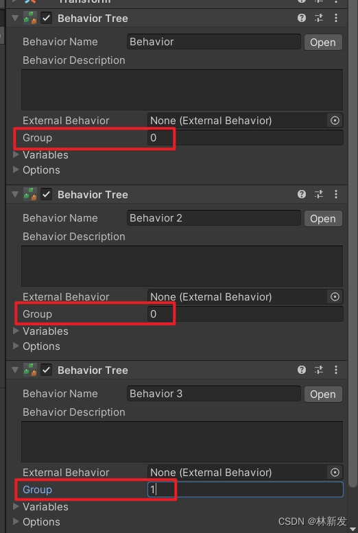 我們可以給這些 BehaviorTree 分組，預設 Group 是 0 。