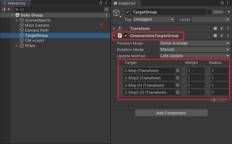 這個 TargetGroup 物體上掛著 CinemachineTargetGrouop 組件，透過它可以實現虛擬相機同時追蹤多個物體的效果（原理是動態調整相機的 Field Of View 來確保多個物體都在畫面以內），參數比較簡單，主要是設定多個物件物件到列表中即可。