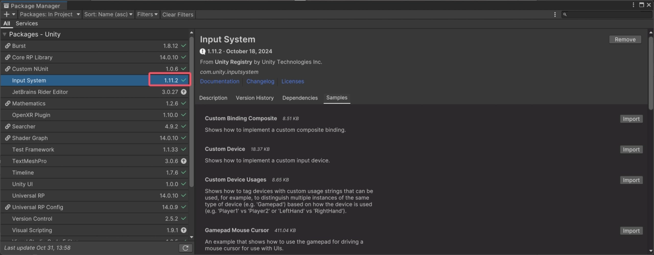 Unity Package Manager 界面顯示 Input System 套件（版本 1.1.1），包含多個範例，如自定義綁定、設備實現和遊戲手柄游標控制，可供導入使用。