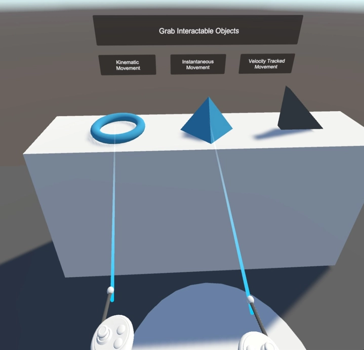 這張圖展示使用 XR Interaction Toolkit 的模擬器進行控制器操作，模擬抓取和互動，方便開發者測試功能。