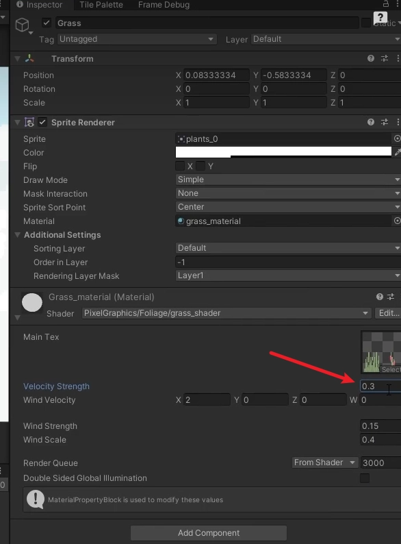 還需要在草的材質上調整速度強度，這個參數控制草被速度影響的強度。這裡設定 0.3。