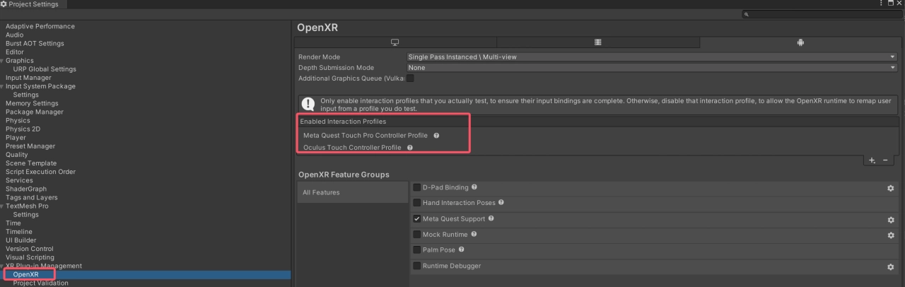 Unity 的 OpenXR 設定界面，啟用了互動配置檔案，包括 Meta Quest Touch Pro 與 Oculus Touch 控制器配置，並設定了渲染模式為 Single Pass Instanced。