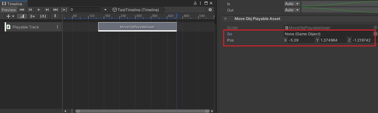 點擊軌道上的 MoveObjPlayableAsset，可以在 Inspector 視圖中看到對應的參數。
