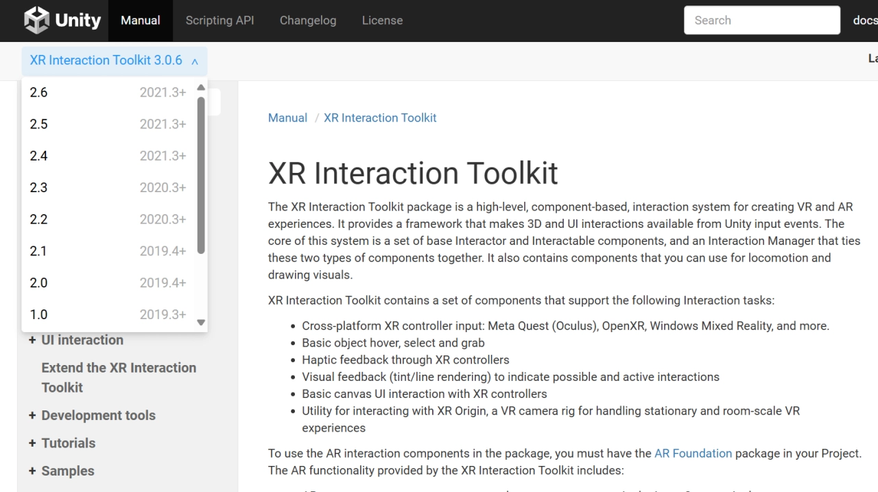 Unity XR Interaction Toolkit 文件，介紹其跨平台控制器支援與互動功能，用於 VR/AR 開發。