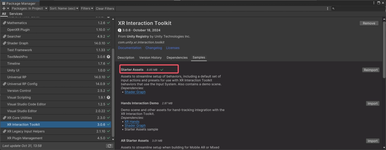 Unity Package Manager 界面顯示 XR Interaction Toolkit 的詳細信息，包含版本 3.0.6，並提供 Starter Assets（8.85 MB）等範例資源以快速設定行為和預設值。