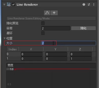 LineRenderer 將根據可用點的位置繪製多段線條，我們只需要一條直線，所以將 size 設為 2。