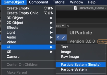 1.選擇以 Game Object/UI/ParticleSystem (Empty) 建立 UIParticle。