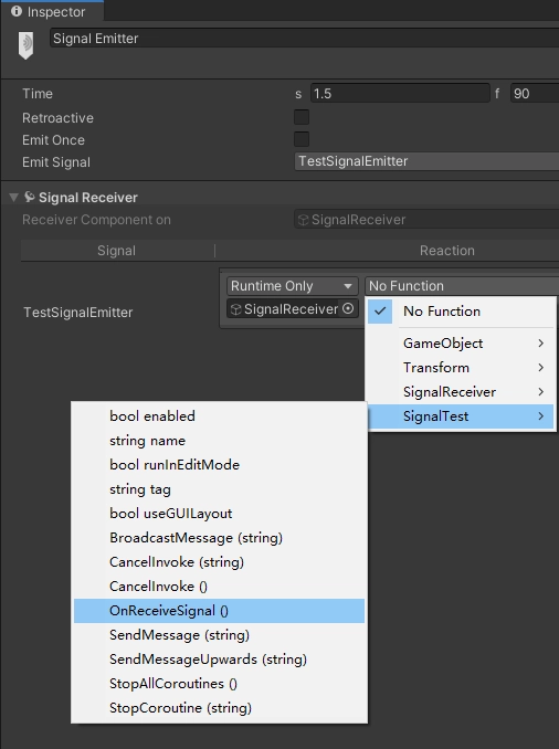 點擊 No Function 可以列出物體上的組件和組件中的所有 public 屬性和方法，這裡我們設定響應函數為 SignalTest 腳本的 OnReceiverSignal 函數。