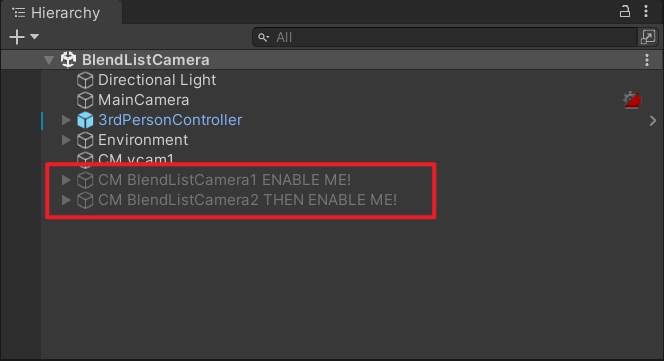 場景中放了兩頂 CinemachineBlendListCamera。