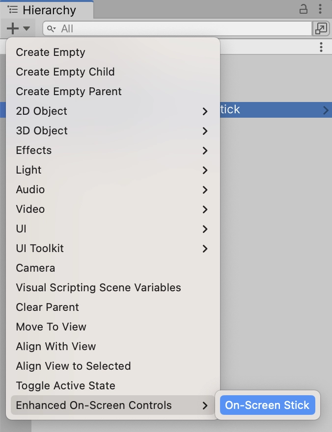 透過整合 Enhanced On-Screen Stick,你可以從 Create > Enhanced On-Screen Controls > On-Screen Stick 創建一個虛擬搖桿。
